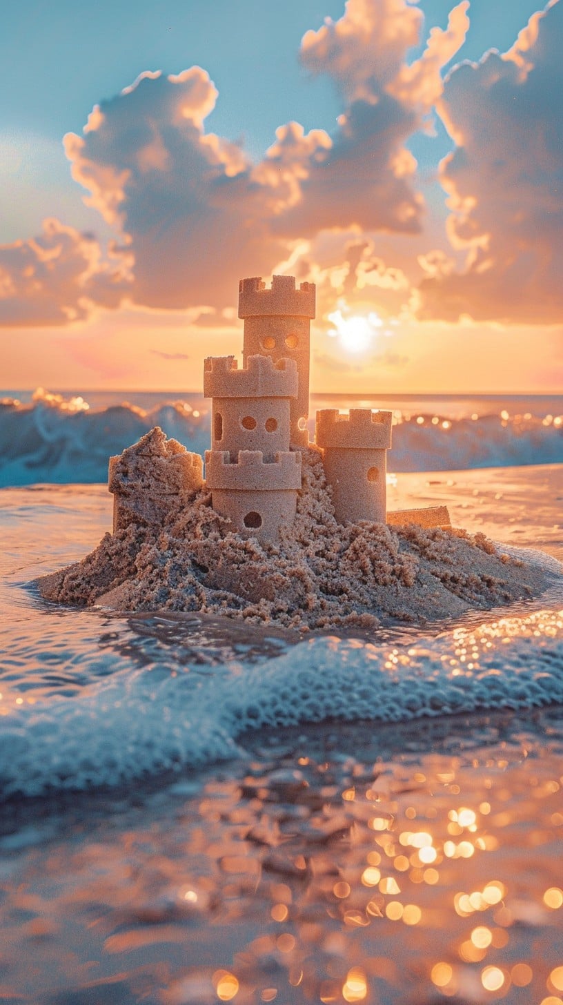 Sand castles getting washed away by waves.